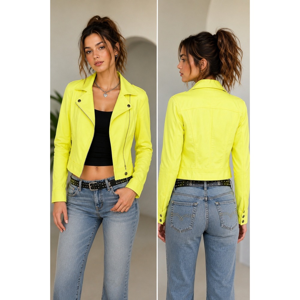 Y2K McBling Neon Yellow Denim Jacket Pop Punk Alt Girl Moto Cotton Urban Size M